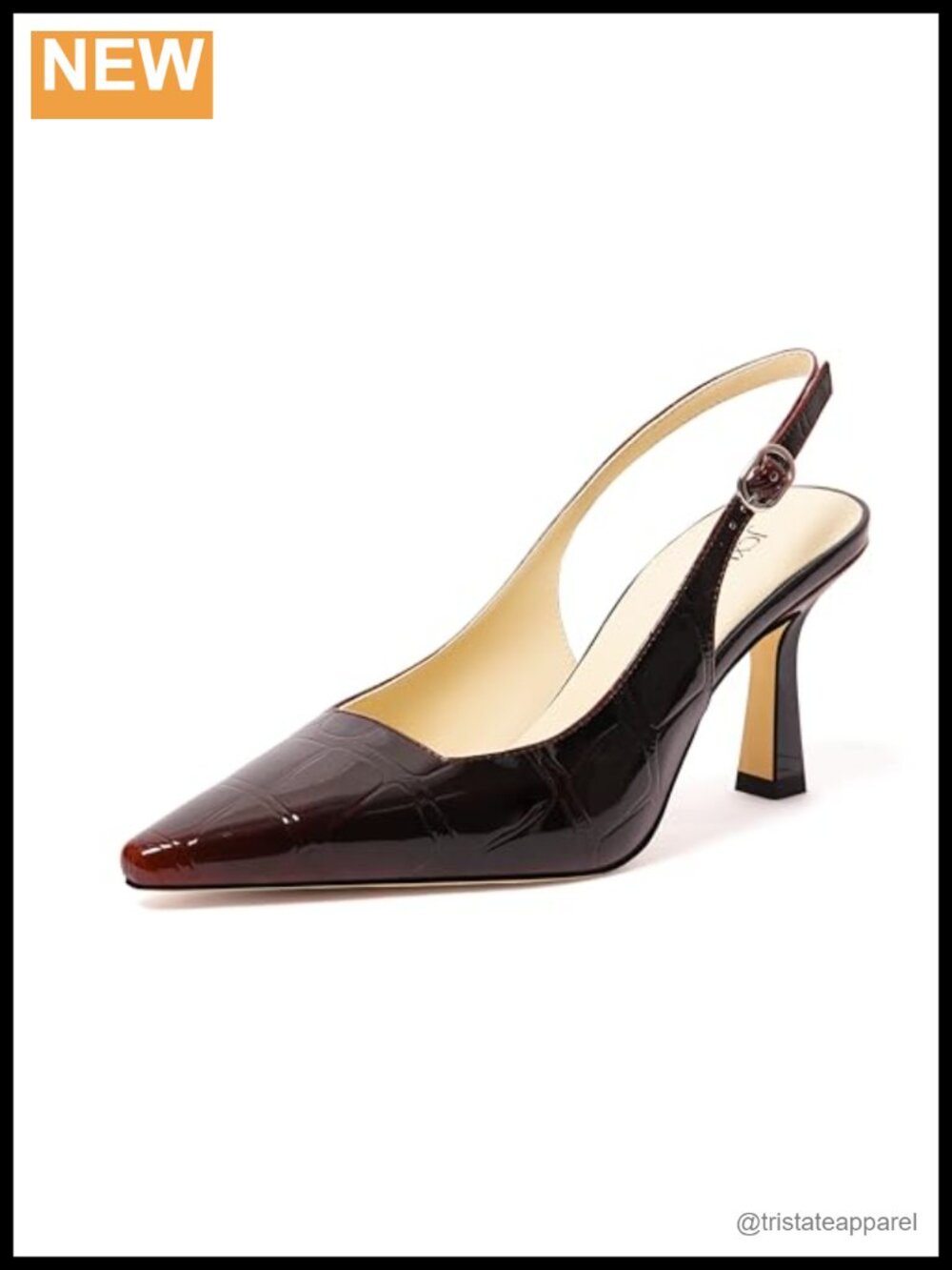 Pointed Toe Kitten Heel Slingback Pumps Adjustable Buckle Stone Texture Patent
